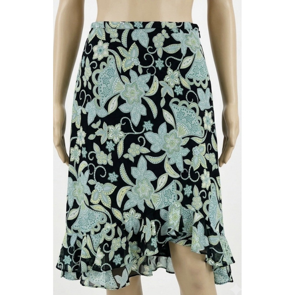 JM Collection Skirt 12 Black Floral Chiffon Ruffle Hem Y2K Whimsigoth Boho Chic